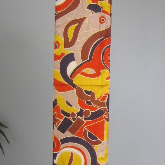 Vintage Scarf Psychedelic Oblong Abstract fish pring Scarf Yellow Browns - Picture 4 of 4